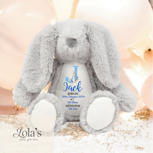 Personalised New Baby Soft Bunny Grey